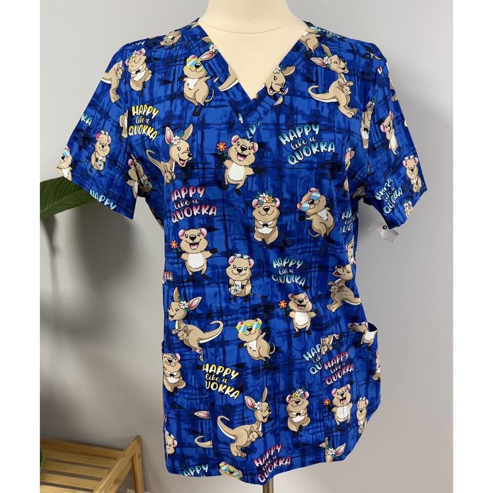 NWT Cherokee Scrub Top M Happy Quokka Kangaroo Blue Cotton Scrubs RN Uniform